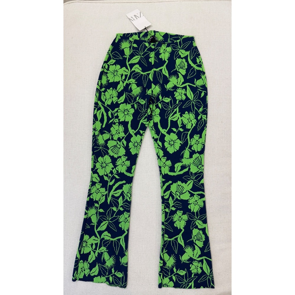Zara Floral Knit Pants Womens S Blue Green Flare Leg Jacquard NWT